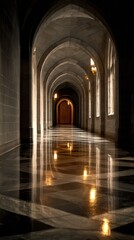 Obraz premium Hallway walk to door. Arches, windows, glossy floor in a university. Success story