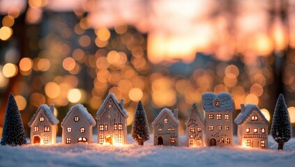 Miniature Christmas village scene at dusk, with warm lights and snow
