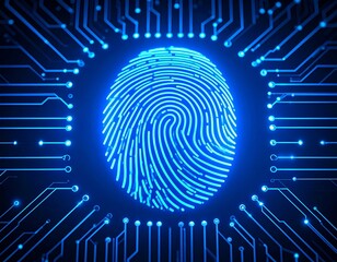 digital fingerprint scan glowing in blue, surrounded by circuit lines, cybersecurity background