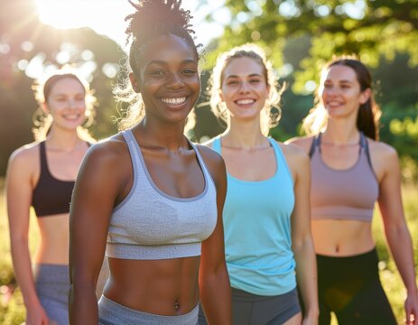 diverse group of people smiling after a yoga class, authentic wellness - Powered by Adobe
