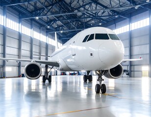 Obraz premium Commercial airplane inside a hangar, ready for maintenance and technical revision