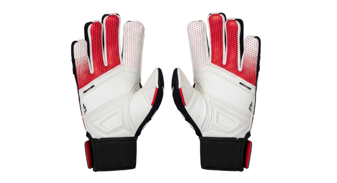 Pair of red and white soccer goalkeeper gloves isolated PNG with Transparent Background