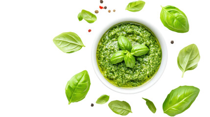 Obraz premium Vibrant pesto in a white bowl, adorned with fresh basil leaves and peppercorns.
