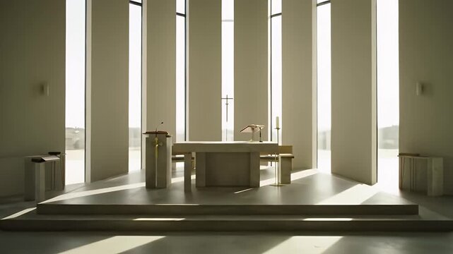 Sunlight streams through tall windows onto the altar of a contemporary, serene chapel.