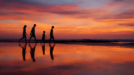 Silhouetted Family Strolling Along a Beach at Sunset with Vivid Orange and Purple Sky Reflections on the Water