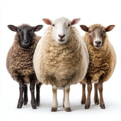 Three Sheep standing in a row, each with a different color of fur. The middle sheep is a creamy white, while the ones on the side are brown and black. 