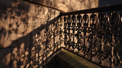 Shadows cast on decorative fence, steps, stone wall. Use historical background