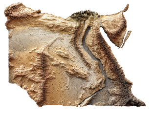 3D embossed Egypt map design with clear borders and desert tone colors, PNG transparent background