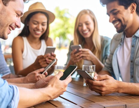 group of friends sitting outdoors at a café, laughing and using smartphone