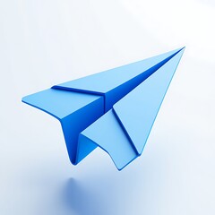 Light Blue Paper Airplane Flying Forward with Shadow on White Background
