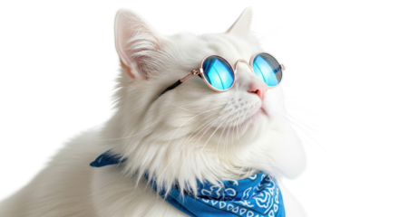 Stylish white cat wearing cool blue sunglasses and a bandana isolated PNG with Transparent Background
