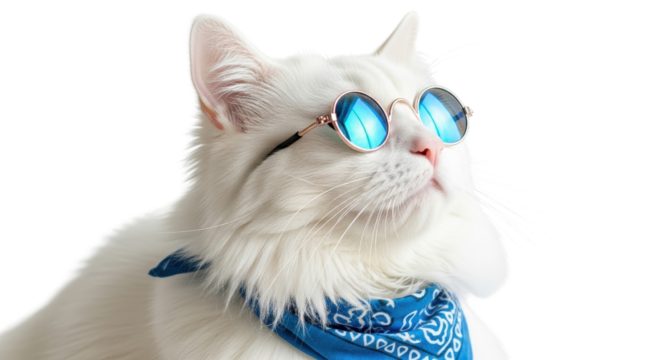 Stylish white cat wearing cool blue sunglasses and a bandana isolated PNG with Transparent Background