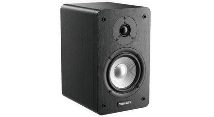 Obraz premium Black wooden speaker isolated on transparent background, for listening to music