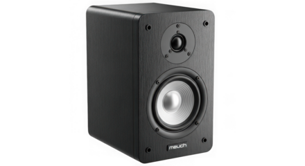 Black wooden speaker isolated on transparent background, for listening to music