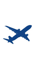 Minimalist dark blue silhouette of a commercial passenger airplane flying upwards, isolated on a clean white background, ideal for travel and aviation designs.