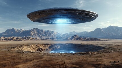 A futuristic flying saucer hovers over a desert landscape with mountains in the background