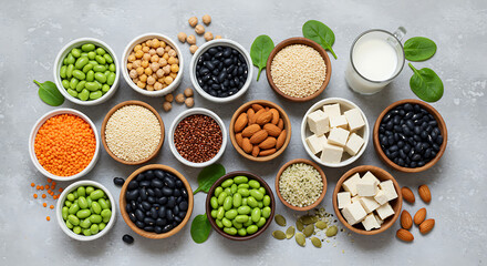 Naklejka premium Overhead view of plant-based protein ingredients on concrete background. Lentils, quinoa, chickpeas, tofu cubes, black beans, hemp seeds, edamame, pumpkin seeds, and almond milk glass. Modern clean st