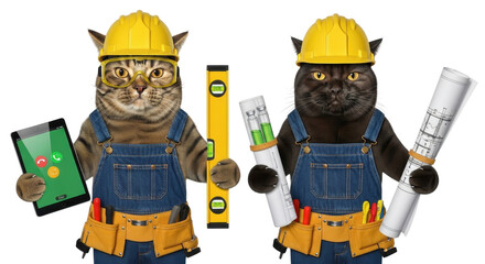 Fototapeta premium Two funny cats dressed as construction workers, one tabby holding a tablet and level, the other black holding blueprints, on a white background, symbolizing teamwork and building projects.