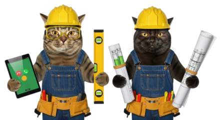 Two funny cats dressed as builders with construction tools and blueprints isolated PNG with Transparent Background
