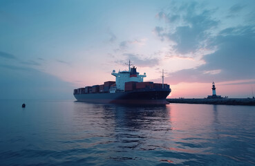 Fototapeta premium Large container ship navigates calm sea near lighthouse at sunrise. Maritime vessel carries cargo, facilitating global import-export trade and commerce. Busy port activity.