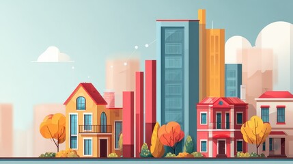 Real estate investment infographic flat design side view property market theme animation colored pastel.