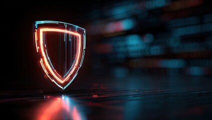 Glowing shield icon on dark tech background
