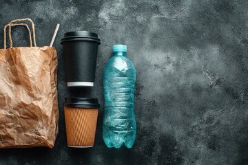 Disposable coffee cups, plastic bottle, paper bag on dark surface