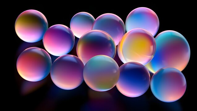 A collection of iridescent spheres with vibrant, rainbowlike colors glowing against a dark background