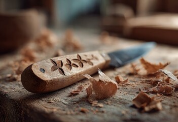 Close-up of a carved wooden knife handle on a workbench strewn with wood shavings
