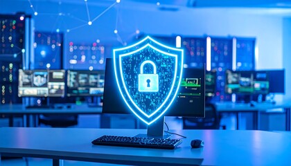 A glowing shield with a locked padlock graphic displayed on a computer screen in a server room setting.