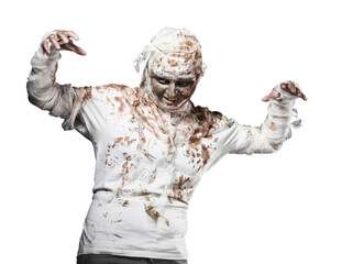 Person in Mummy Costume Expressing Halloween Emotion