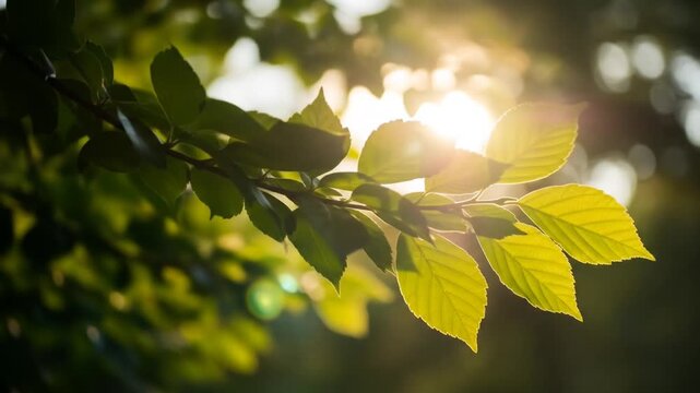 Lush Green Leaves Lit by Sunlight on a Tree Branch with Blurred Background in the Outdoors with Beautiful Daylight in Summertime