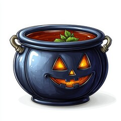 A festive cauldron brimming with a mysterious brew features a playful smiling pumpkin face. Set against a white background this artwork embodies the spirit of Halloween fun and magic