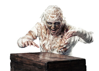 Frightening Mummy with Box on Transparent Background