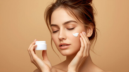 Pure beautiful gentle woman holding cream take care of her skin. professional beauty and skincare portrait of a young woman with a serene expression. her hair styled in a messy bun