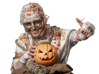 Mummified Person with Pumpkin on Transparent Background