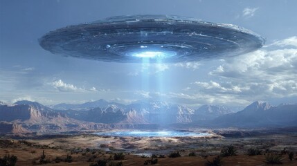 A large, metallic, disc-shaped spacecraft hovers over a desolate landscape, emitting a bright beam of light towards a body of water nestled within a mountain range under a mostly clear sky