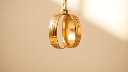 Three golden wedding bands hanging vertically with soft light highlighting their shine.