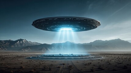 A dark, metallic UFO hovers over a desolate desert landscape, emitting bright beams of light onto a circular platform below, mountains in the background under a twilight sky