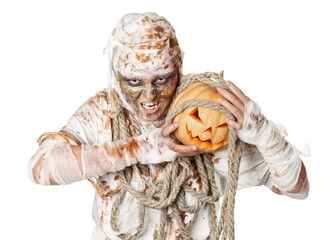 Mummy Costume with Pumpkin on Transparent Background