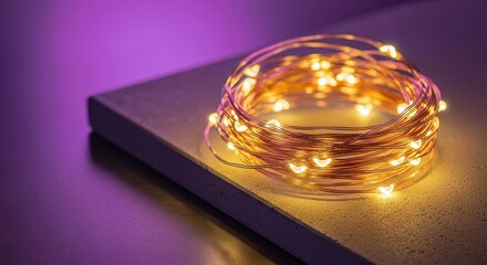 Obraz premium Warm LED String Lights on Book with Purple Background