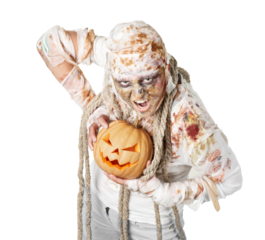 Mummy Holding a Jack-o'-Lantern with Enthusiastic Expression
