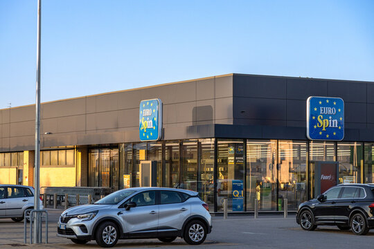 Piove di Sacco, Padua, Veneto, Italy - Aug 10th, 2025: Eurospin supermarket exterior with parking lot and cars in front