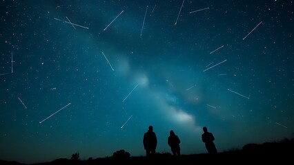 A dreamy night sky where constellations fade into sparkling meteor trails above silhouetted figures.