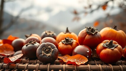 Glossy chestnuts and persimmons on a bamboo mat with misty mountains in the background, evoking autumn serenity.
