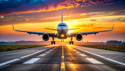 Airplane landing at sunset