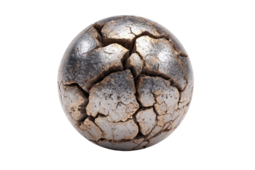 A spherical, cracked, metallic surface.  A sphere, textured with deep cracks, resembling dried earth or aged metal.  Muted tones of beige, gray, and metallic.  Isolated on black background