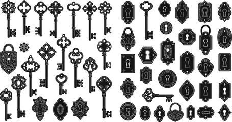 Vintage keys and keyholes set, antique lock designs, ornate skeleton keys, retro keyhole illustrations, decorative lock and key graphics © MDALRAFIN