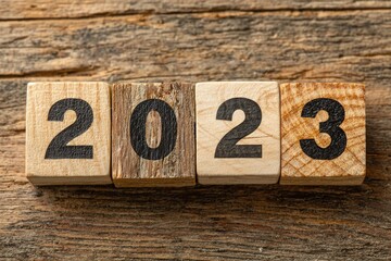Wooden blocks spelling out 2023 on a rustic wooden surface (2)