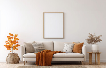 Blank frame mockup for modern wall art in a trendy, minimalist living room with neutral tones and cozy decor elements